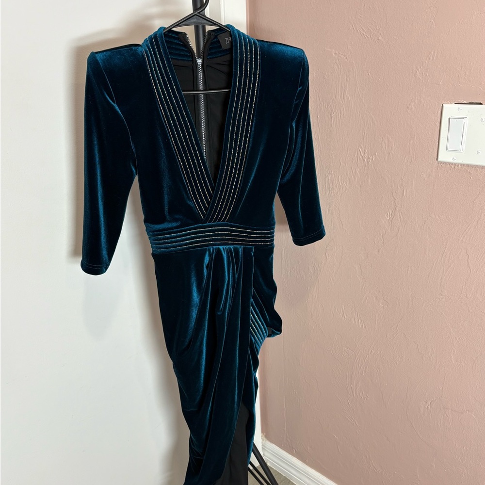 Zhivago Teal Velvet V-Neck Draped Midi Dress - Picture 2 of 8